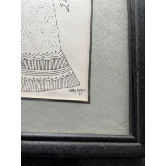 Vtg 1970's Detroit Artist Mary Ewald Pen And Ink Art Female Elegantly Dressed - Picture 2 of 6